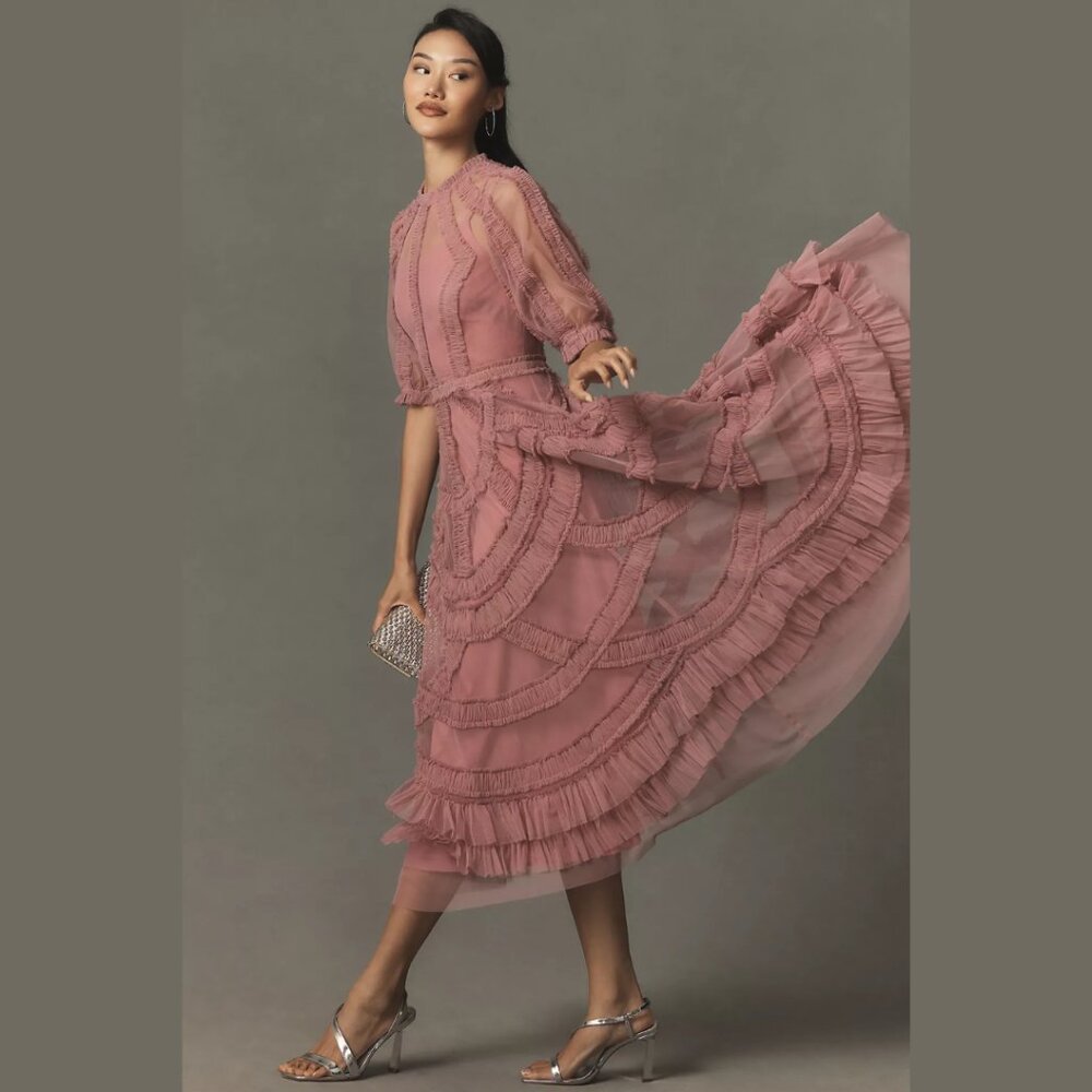 Anthropologie‎ Mac Duggal 8058 Pink High Neck Micro Ruffle Tiered Midi Dress - Picture 3 of 6